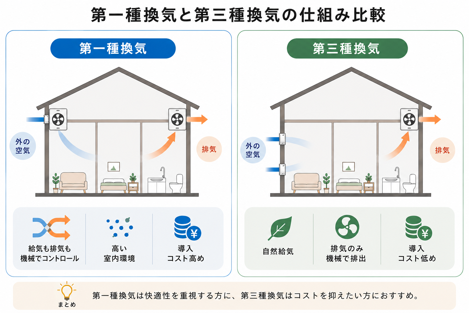 第一種換気と第三種換気の仕組みと違い